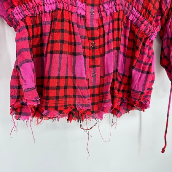 NWT Free People Red Pink Plaid Button Down Shirt Top Ruched Sleeve Raw Hem Wool - Picture 11 of 12